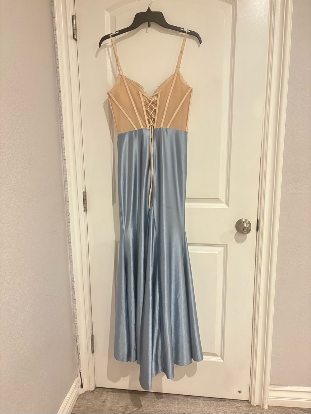 Windsor Ivory Beaded Corset with Light Blue Satin Skirt Prom Dress - Picture 3 of 3